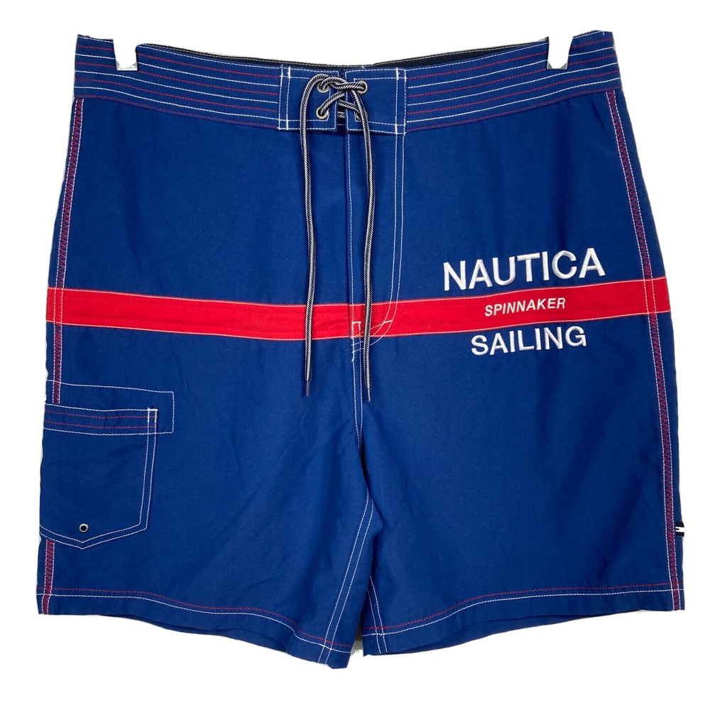 Nautica Swim Trunks Mens‎ Sz 34 Blue Board Shorts Drawstring Sailing Logo
